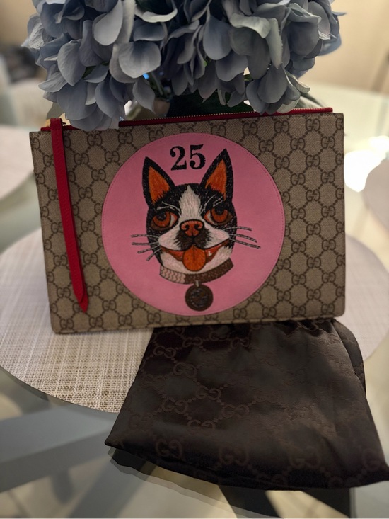 Gucci Handbags - Gucci GG Supreme Bosco (Boston terrier) leather clutch pouch